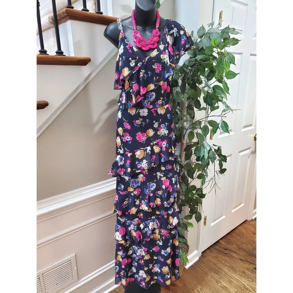 Ralph Lauren Navy Zipper Beaded Lined Darted Tiered Ruffled Floral Maxi Dress 10